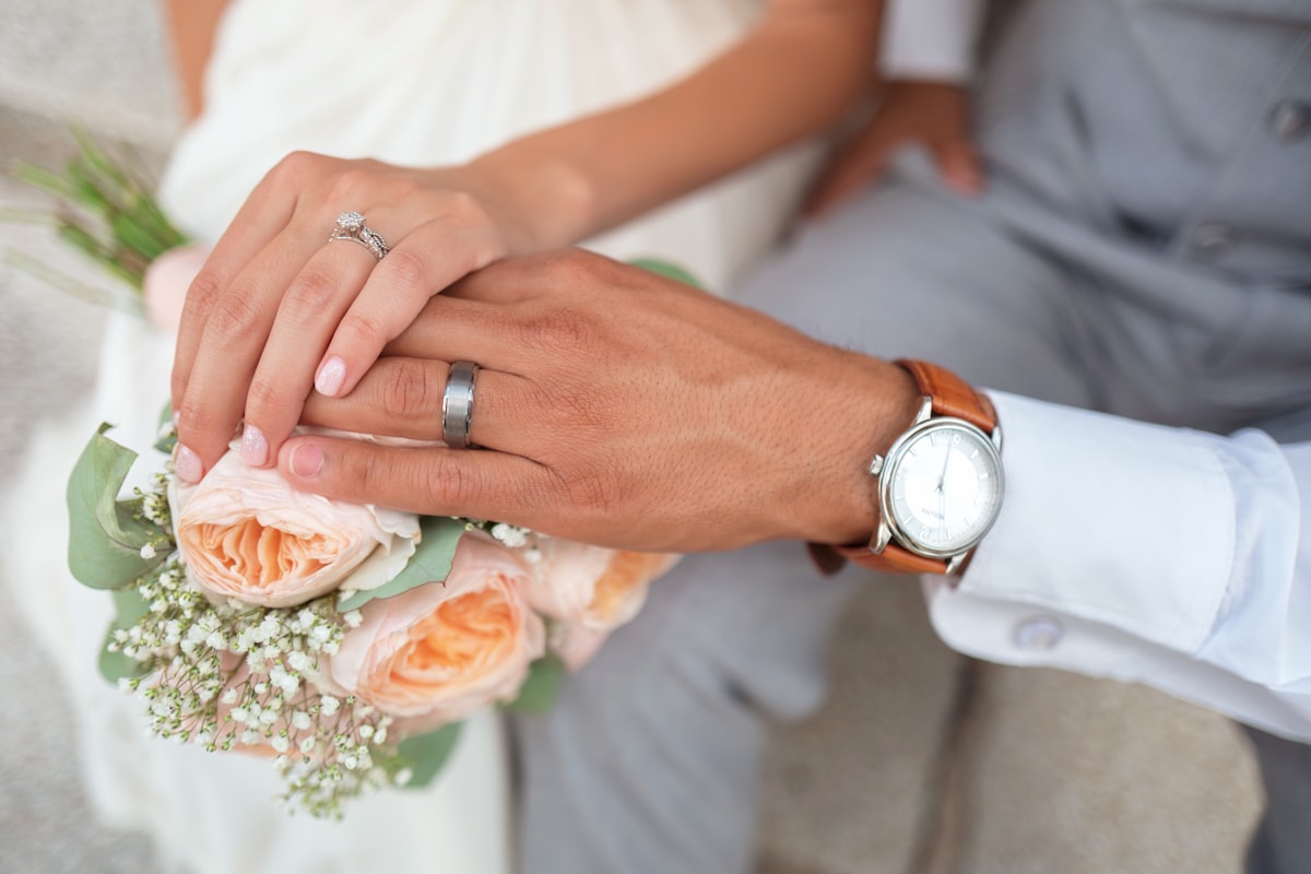Couple walking hand in hand on their wedding day